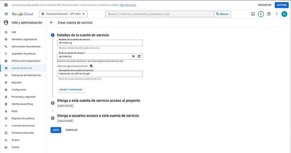 Detalles de la creación de la cuenta de servicio en Google Cloud